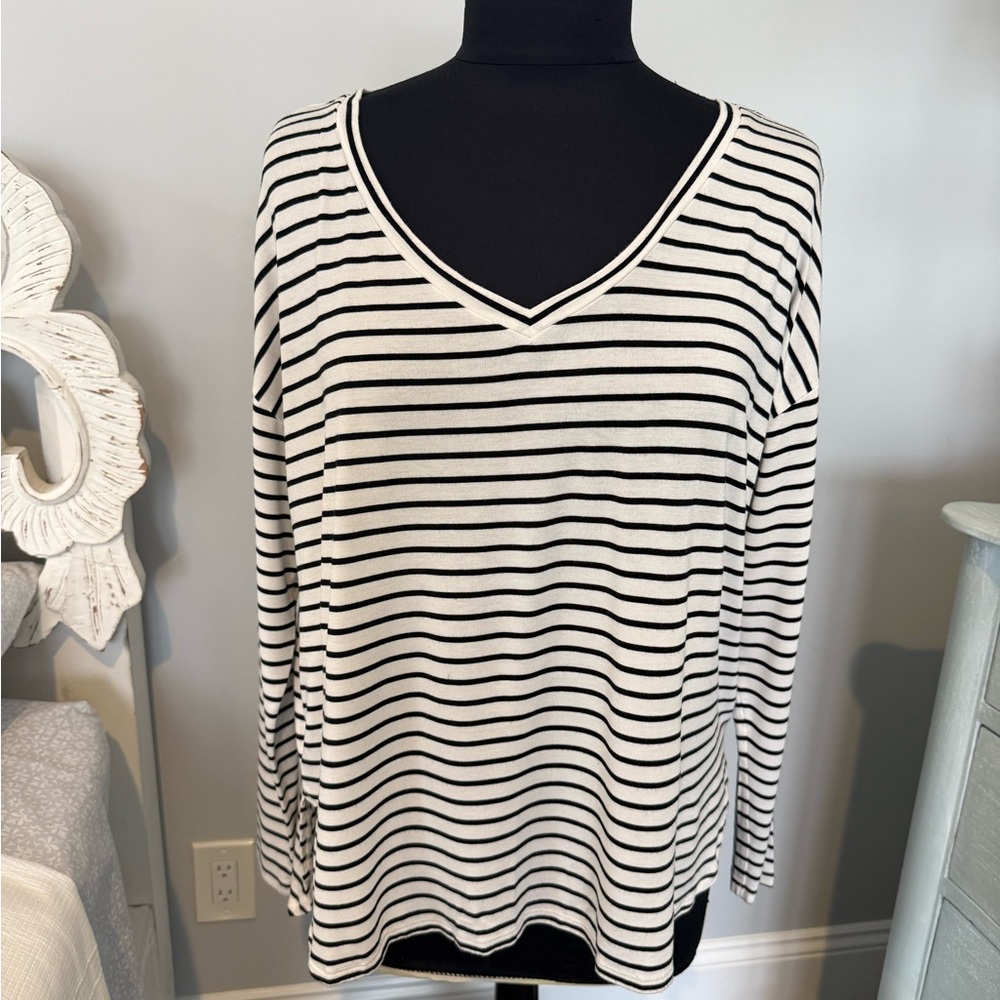 American Eagle Outfitters Black and White Striped V-Neck Top